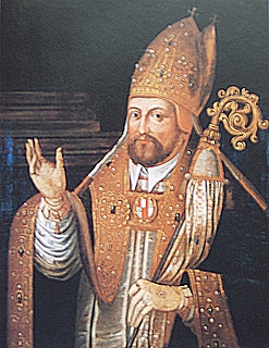 Johann Otto von Gemmingen, Prince-Bishop of Augsburg in Bavaria, 1591-1598, carrying a crosier and wearing a mitre and pluviale. Johann Otto von Gemmingen.jpg