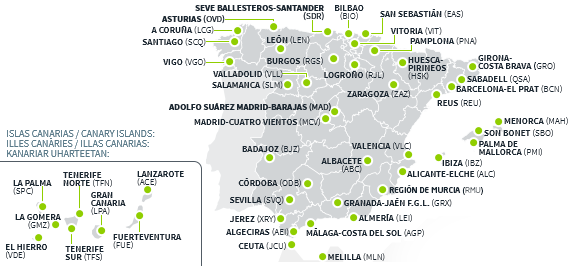 Aenaren Espainiako sarearen mapa.