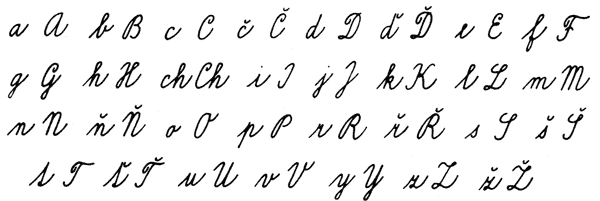 The handwritten Czech alphabet, without a Q, W and X