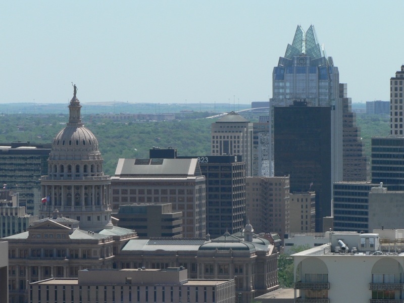 File:View from UT tower south to capitol and Frost bank building.jpg