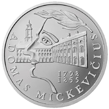 Lithuanian coin featuring a stylized Mickiewicz