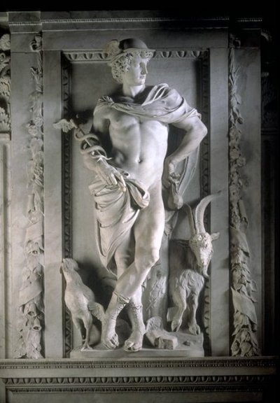 Een beeld van Artus Quellinus van de god Mercurius, met links onderaan een haan