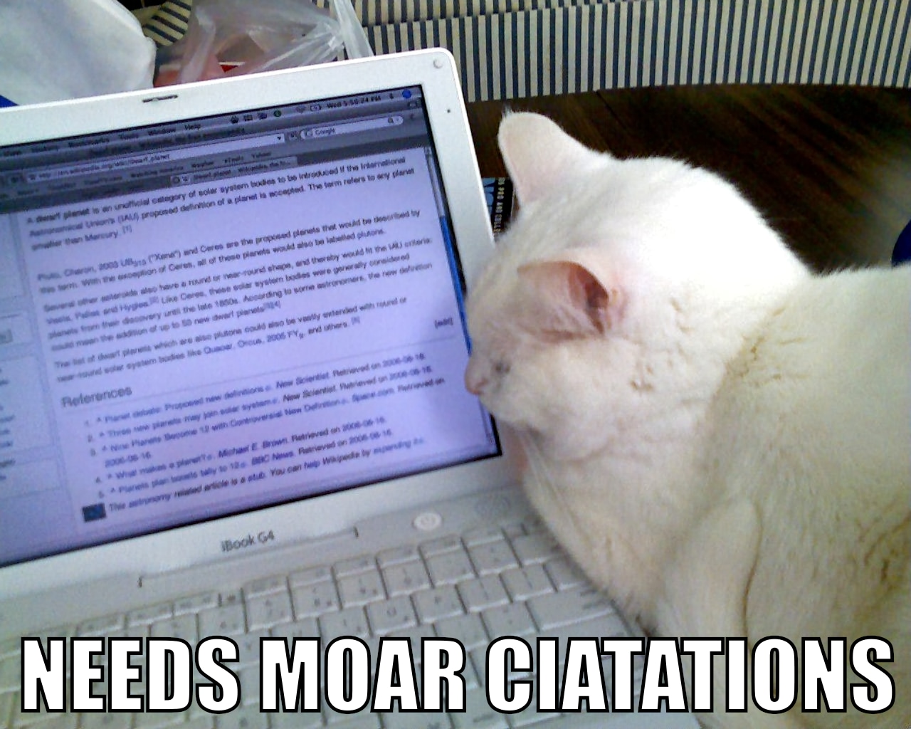 cat lying on laptop, facing screen; text reads "needs moar ciatations"