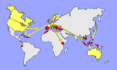 Peta tujuan turisme seks perempuan. Warna kuning menandai negara asal konsumen dan warna merah sebagai negara tujuan