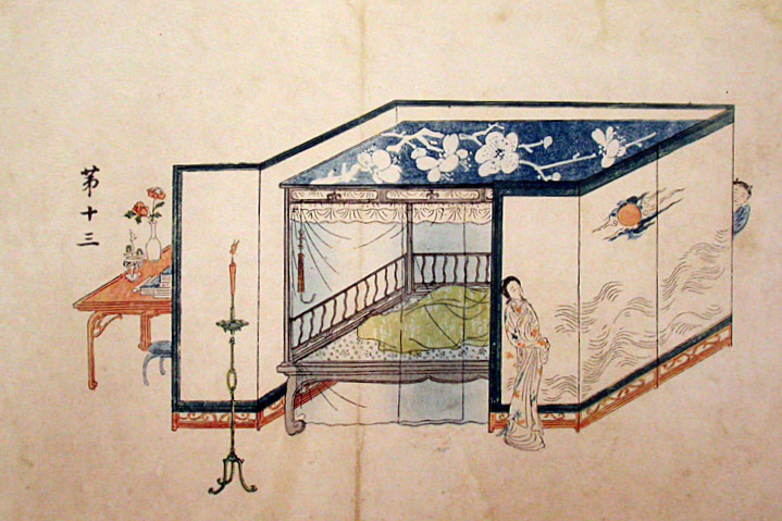 Szene aus Das Westzimmer, Farbholzschnitt von Min Qiji, China, 1640