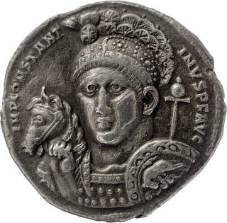 Silver medallion of 315; Constantine with a chi-rho symbol as the crest of his helmet