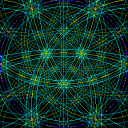Animation of Kikuchi lines of four of the eight <111> zones in an fcc crystal. Planes edge-on (banded lines) intersect at fixed angles.