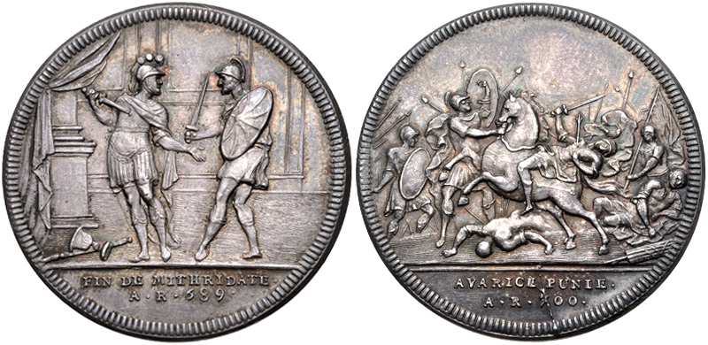 File:Swiss medal, depicting the suicide of Mithridates VI and the death of Crassus' son at the hands of the Parthians (silver).jpg