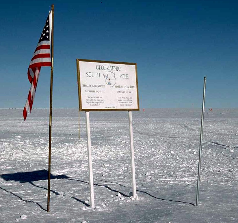 The Geographic South Pole is marked by the stake on the right