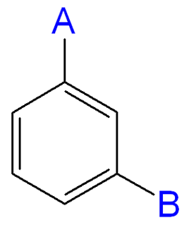 Substituenten A en B staan in meta-positie ten opzichte van elkaar.
