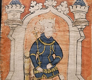 King Edward III seated on his throne, as illustrated in the 14th century Waterford Charter Roll.