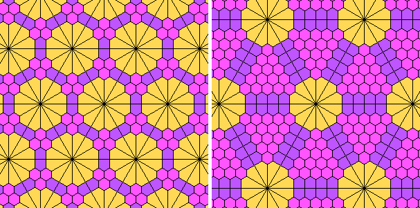 Left: a 3 co-uniform tiling for which poly=8/11, edge≈0.9984, area≈1.1856. Right: a 7 co-uniform tiling for which poly=11/18, edge≈0.75900, area≈1.0005.
