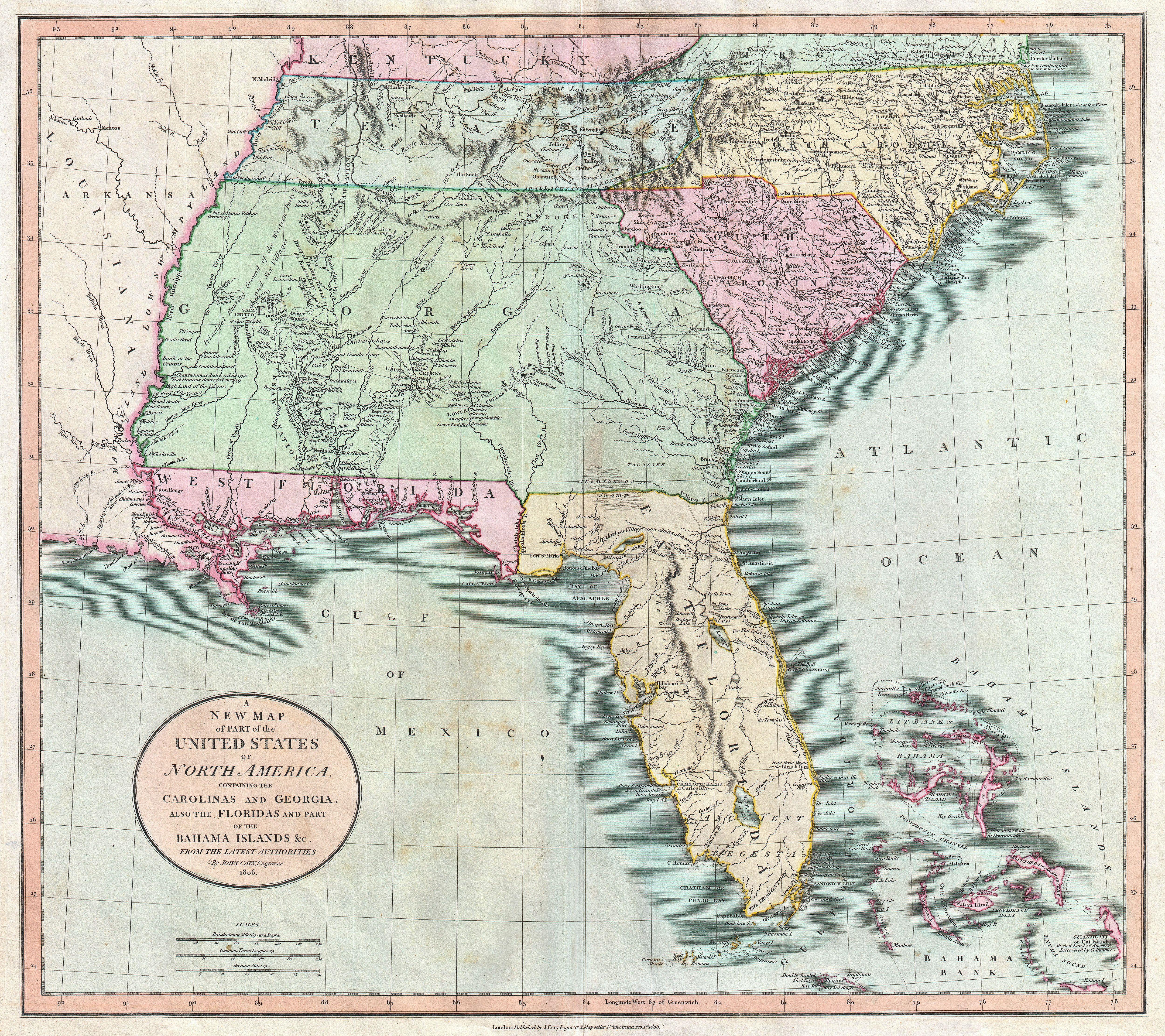File 1806 Cary Map Of Florida Georgia North Carolina South Carolina And Tennessee Geographicus Ncscgafl Cary 1806 Jpg Wikimedia Commons