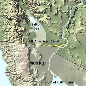 Kaart toont All-American Canal in geel
