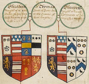 Arms of Sir Thomas Scott (1535-1594) from a family pedigree illuminated on vellum, commissioned by his second son Sir John Scott (1570-1616). The two shields show his quartered arms impaling the quartered arms of each of his two wives: left: his first wife Elizabeth Baker; right: his second wife Elizabeth Heyman Arms SirThomasScott(d.1594) OfScot'sHall Kent.png