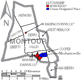 Map of Montour County, Pennsylvania with Municipal Labels showing Boroughs (red), Townships (white), and Census-designated places (blue).