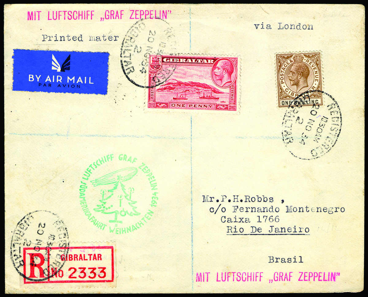 Zeppelin mail from Gibraltar to Rio de Janeiro, Brazil via Berlin on the Christmas flight (12th South American flight) of 1934