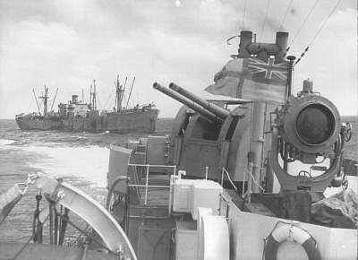 Badsworth on 14 April 1943 escorting a Liberty-ship en route to North Africa. Badsworth Liberty.jpg