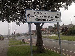 Sign indicating Belle Vale Shopping Centre from Childwall Belle Vale this way.jpg