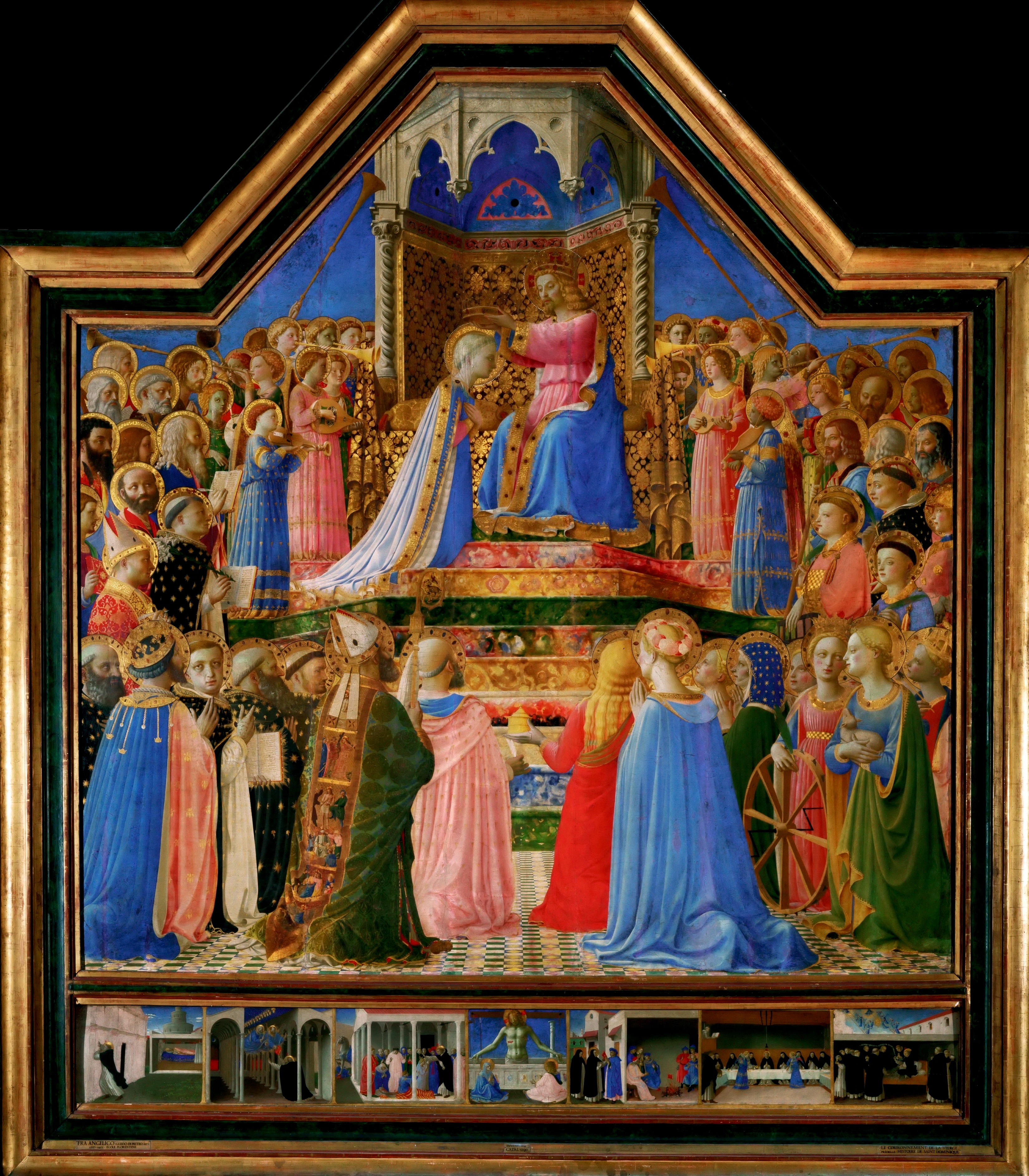 Egg tempera image of multiple people surrounding a dais - Panel by Fra Angelico