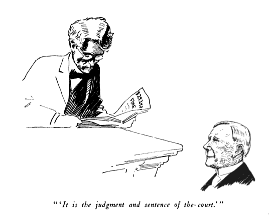 Cartoon showing Landis delivering his sentence against Standard Oil, a fine of $29,240,000, to John D. Rockefeller, who was actually in Cleveland at the time