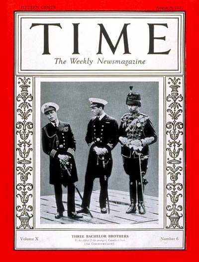 George (centre) with his brothers the Prince of Wales and Prince Henry on Time magazine's cover, 8 August 1927
