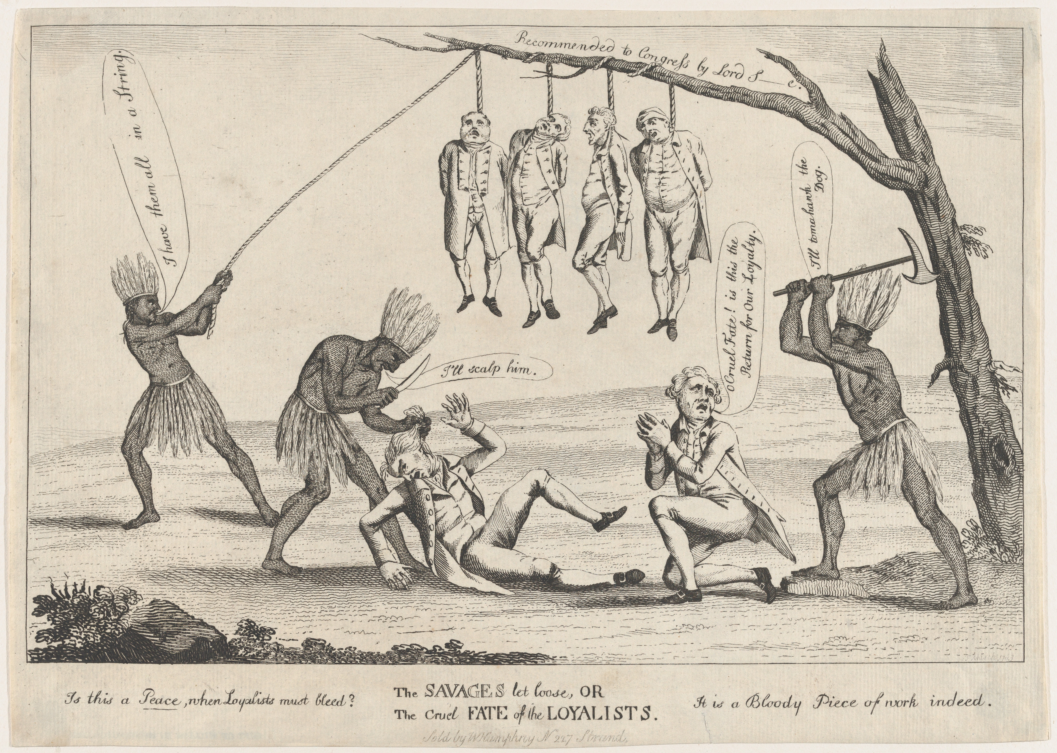 A satirical cartoon from 1783 that shows Native Americans killing the loyalists. The Peace of Paris did not mention the rights of Native Americans. Details in text.