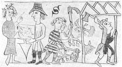 Ostsiedlung illustrated in the Sachsenspiegel. The man with the hat is the lokator, who recruited the settlers (right) for the landlord (left) and oversaw the construction of the town or village in turn for an elevated administrative position.