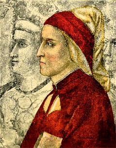 head-and-chest side portrait of Dante in red and white coat and cowl