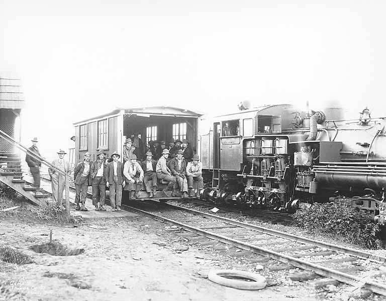 File:Loggers with transport car and Shay locomotive, camp 7, Simpson Logging Company, Grays Harbor County, ca 1928 (KINSEY 1693).jpg