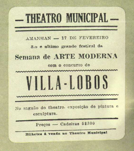 Poster announcing appearance of Villa-Lobos in São Paulo (February 17, 1922)