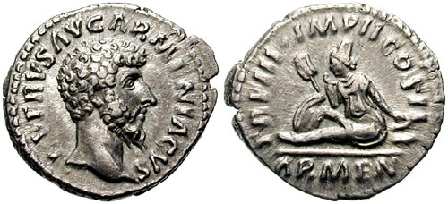 Coin issued during the reign of Roman emperor Lucius Verus (161–169) to celebrate his victory against Vologases IV of Parthia. The reverse shows the mourning personification of Armenia.
