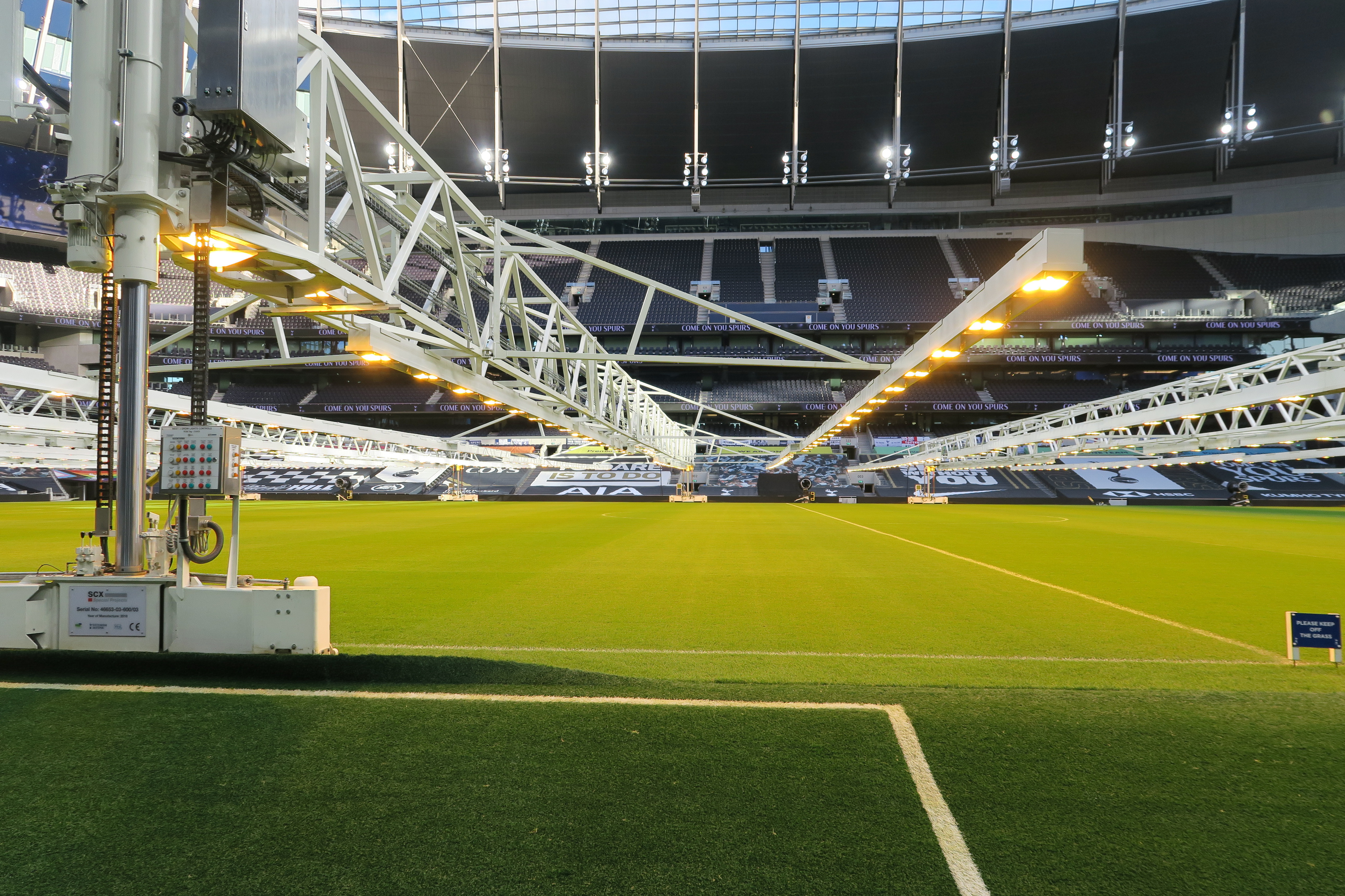 Grow lights suspended over the pitch at Tottenham Hotspur Stadium 2020