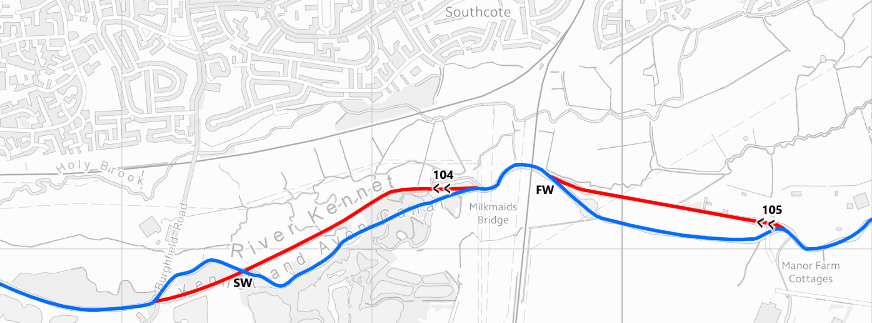 Mapo montranta al la kurso de la River Kennet kaj la 18-a-jarcentaj kanalaldonoj kiuj igis ĝin navigebla al barĝoj kaj mallarĝejboatoj