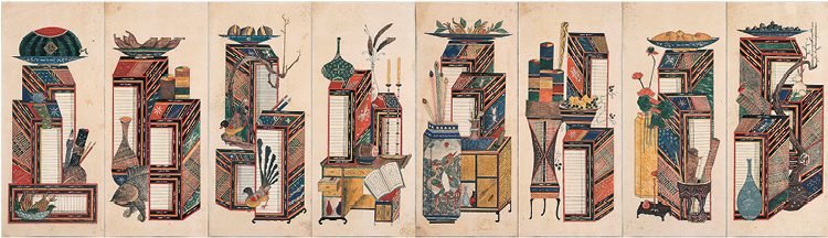 File:Chaekgeori, early 1900s, eight-panel folding screen, private collection.png