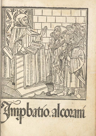 Title page of Riccoldo da Monte di Croce's polemical and apologetic work critiquing Koran and Islam. Published in Seville c.1500. It shows a Christian friar preaching to Muslims