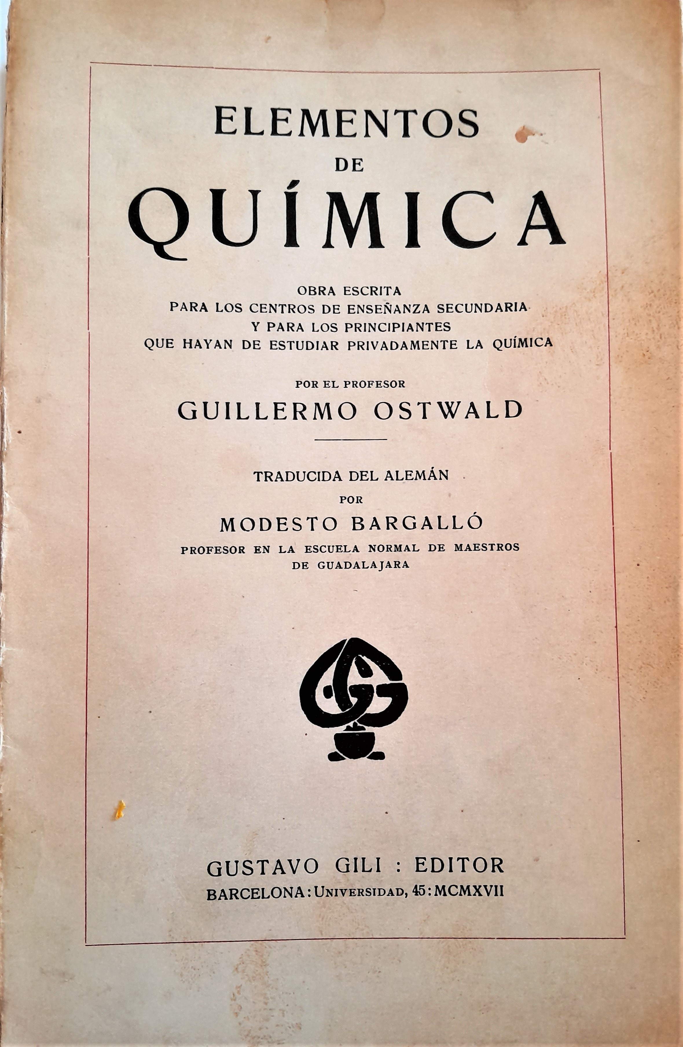 Portada del libro Elementos de Química de W Ostwald, publicado en español en 1917