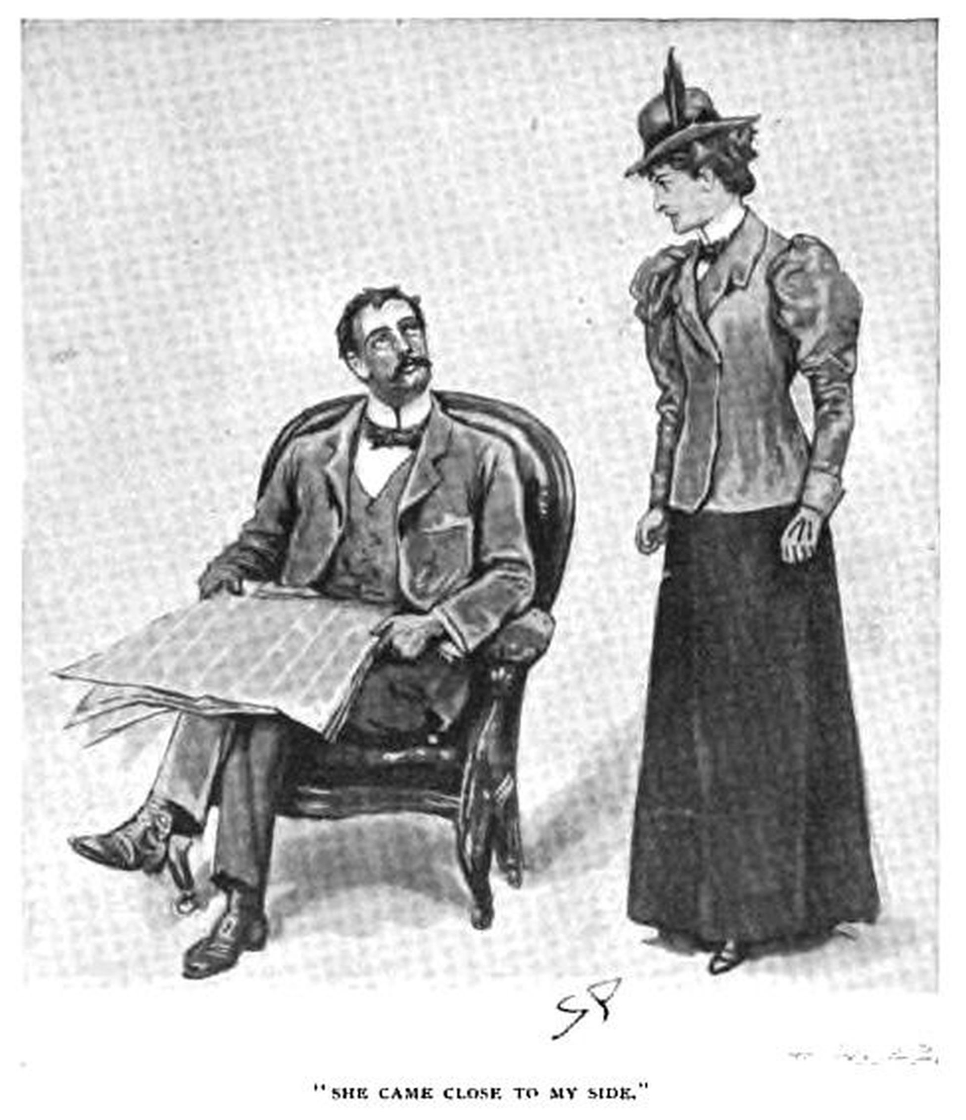 English Illustration in Strand Mag 1898, vol. 16, p 308 (chap 9)--"The Brotherhood of the Seven Kings". Caption: "She came close to my side."