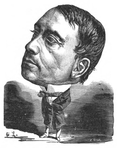 Caricatura de Émile de Girardin publicada en 1872 en ''Le Trombinoscope'', obra de [[Léon Bienvenu