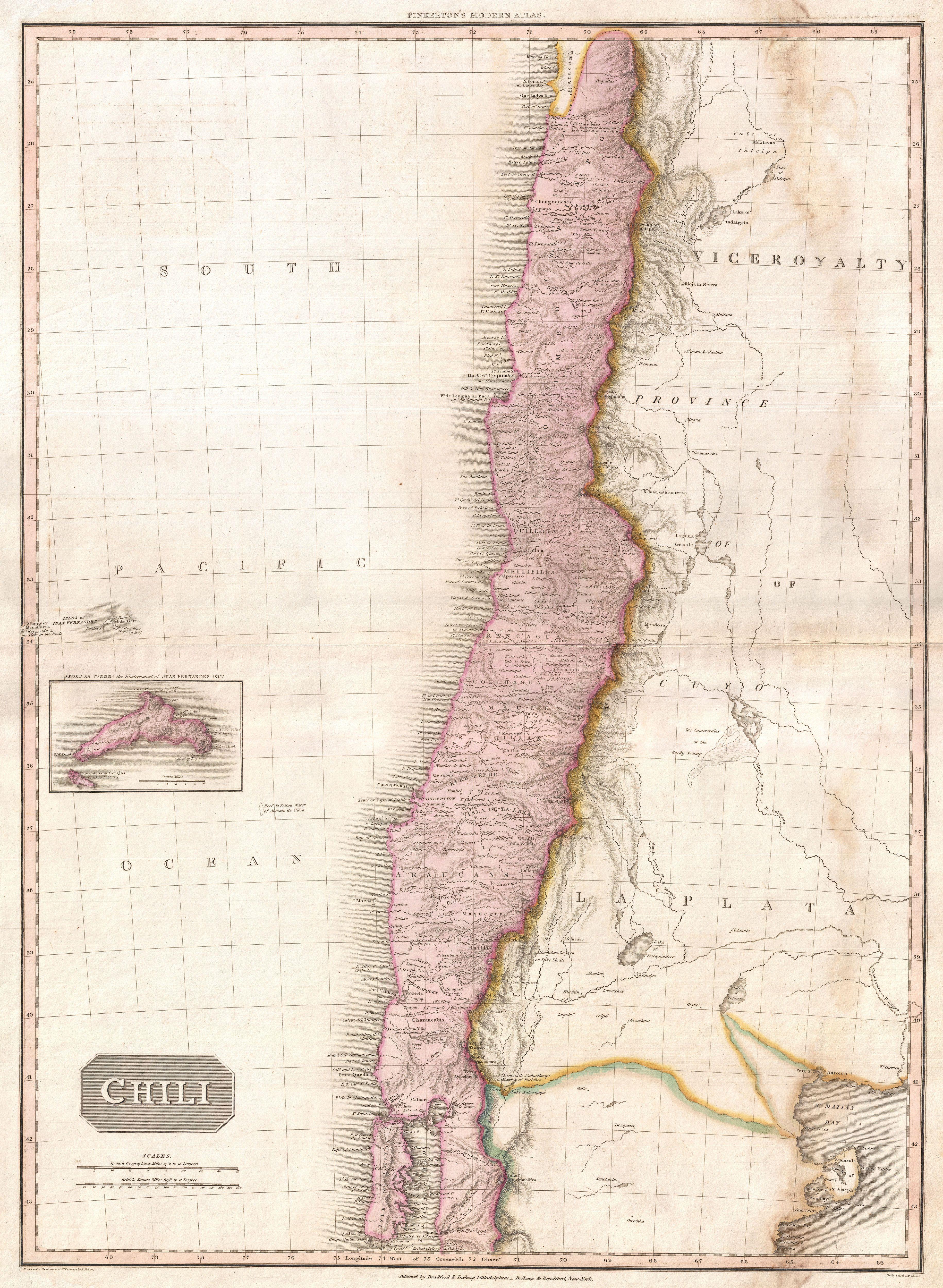 1932 old vintage plan chart Full length map of Chile 