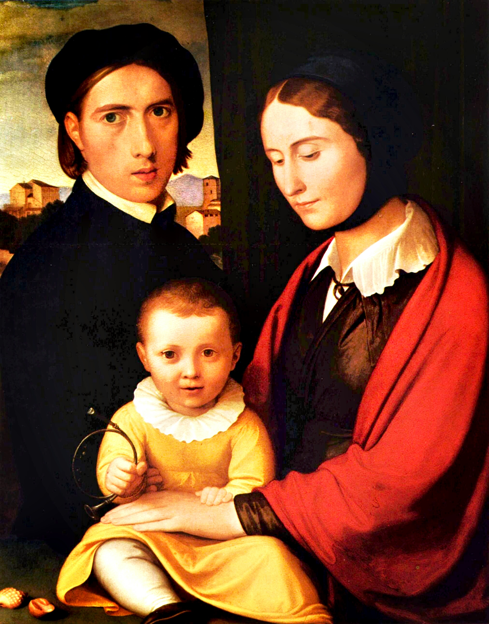 ''Autorretrato del artista con mujer y su hijo Alfonso'', madera, hacia 1820, Behnhaus, Lübeck.