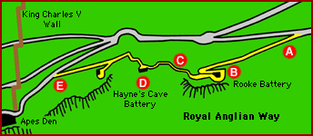 Map of Royal Anglian Way. A - eastern entry/exit point; B - Rooke Battery; C - military buildings; D - Hayne's Cave Battery; E - western entry/exit point Royal Anglian Way.gif