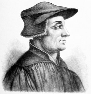 A rendition of Huldrych Zwingli from the 1906 edition of the Meyers Konversations-Lexikon