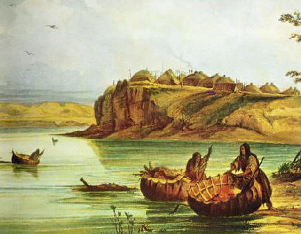 File:Mandan Bull Boats and Lodges- George Catlin.jpg