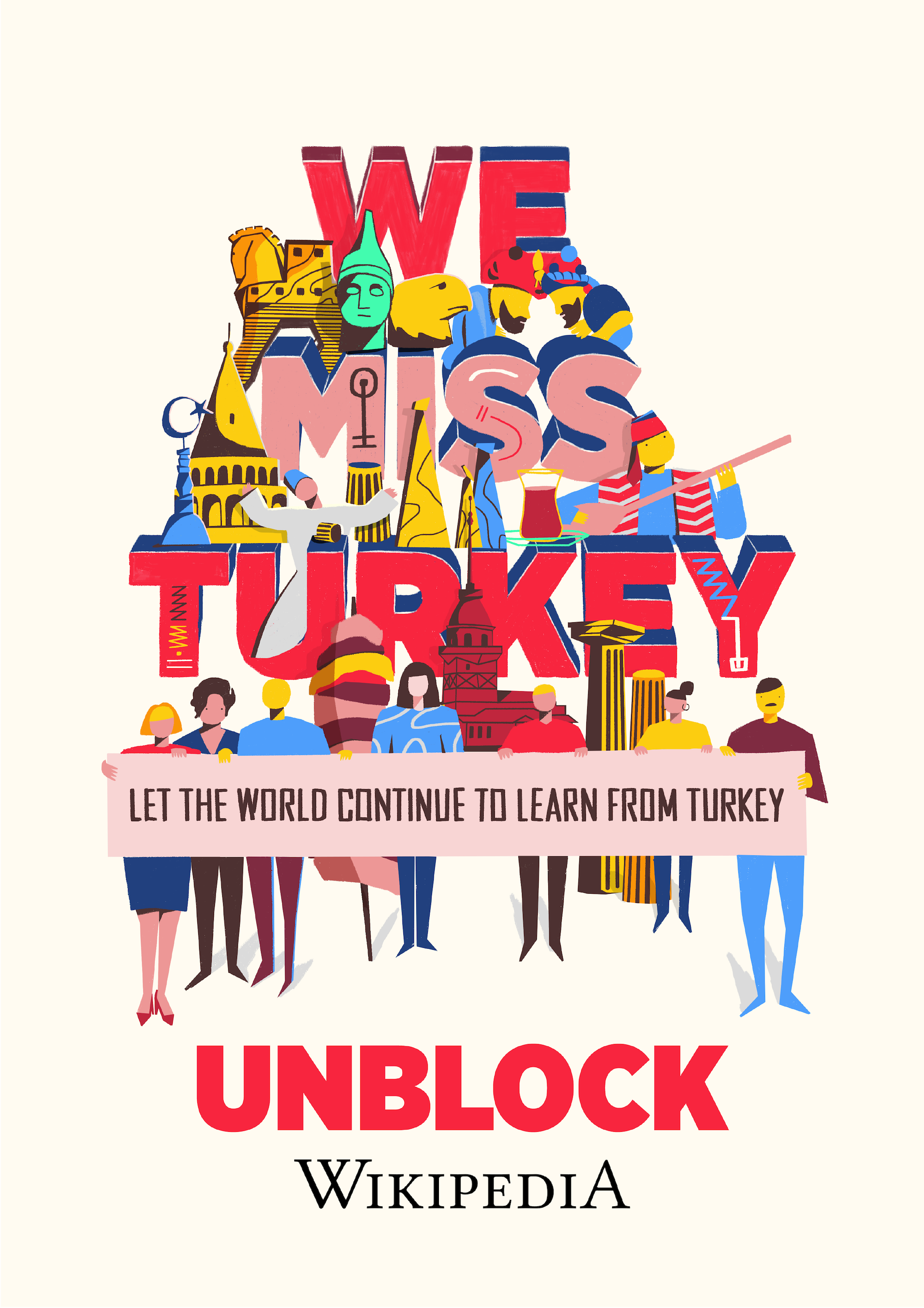 A poster made by Turkish artist Büşra Üzgün to support the "We Miss Turkey" campaign of March 2018. This work was commissioned by the Wikimedia Foundation and has been licensed accordingly under Creative Commons