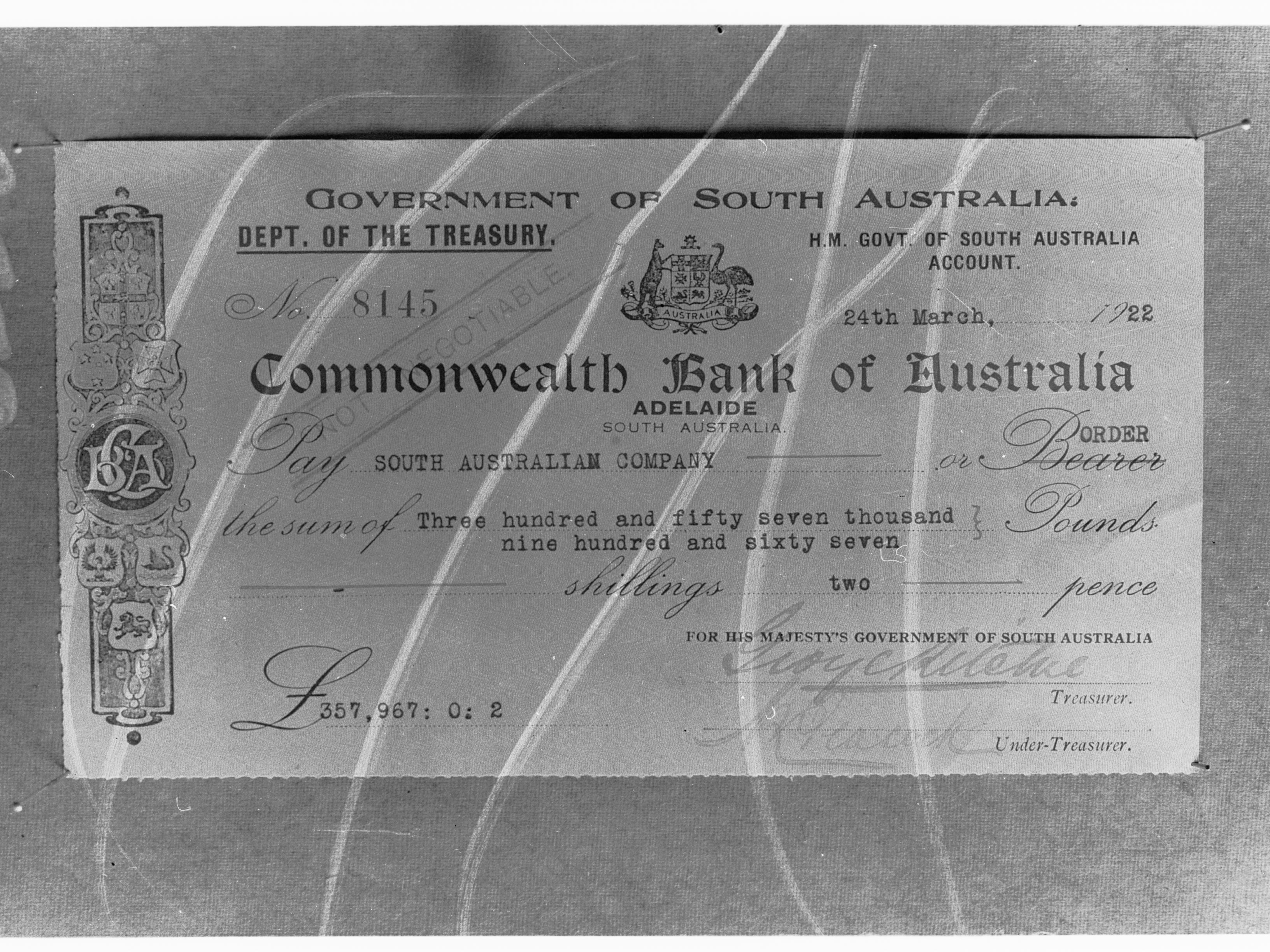 File Cheque Made Out To South Australian Company For Three Hundred And Fifty Seven Thousand Nine Hundred And Sixty Seven Pounds And Two Pence Gn Jpg Wikimedia Commons