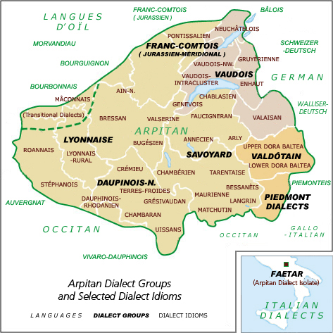 De dialectvarianten van het Arpitaans, met de Lyonese dialecten in het westen.