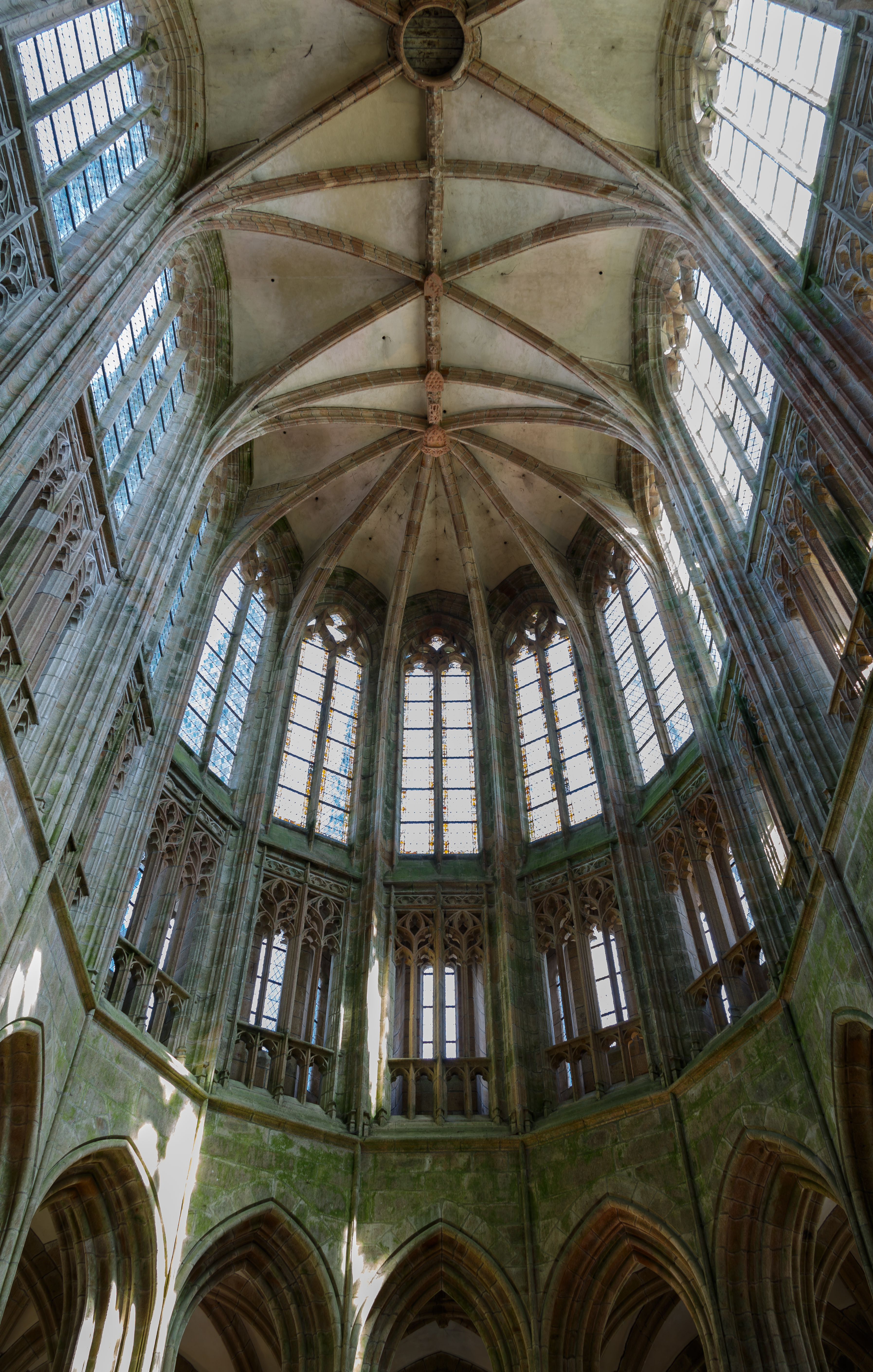 Le Mont-Saint-Michel France Abbey-Church: The domed-roof of the church with arched glass windows. 