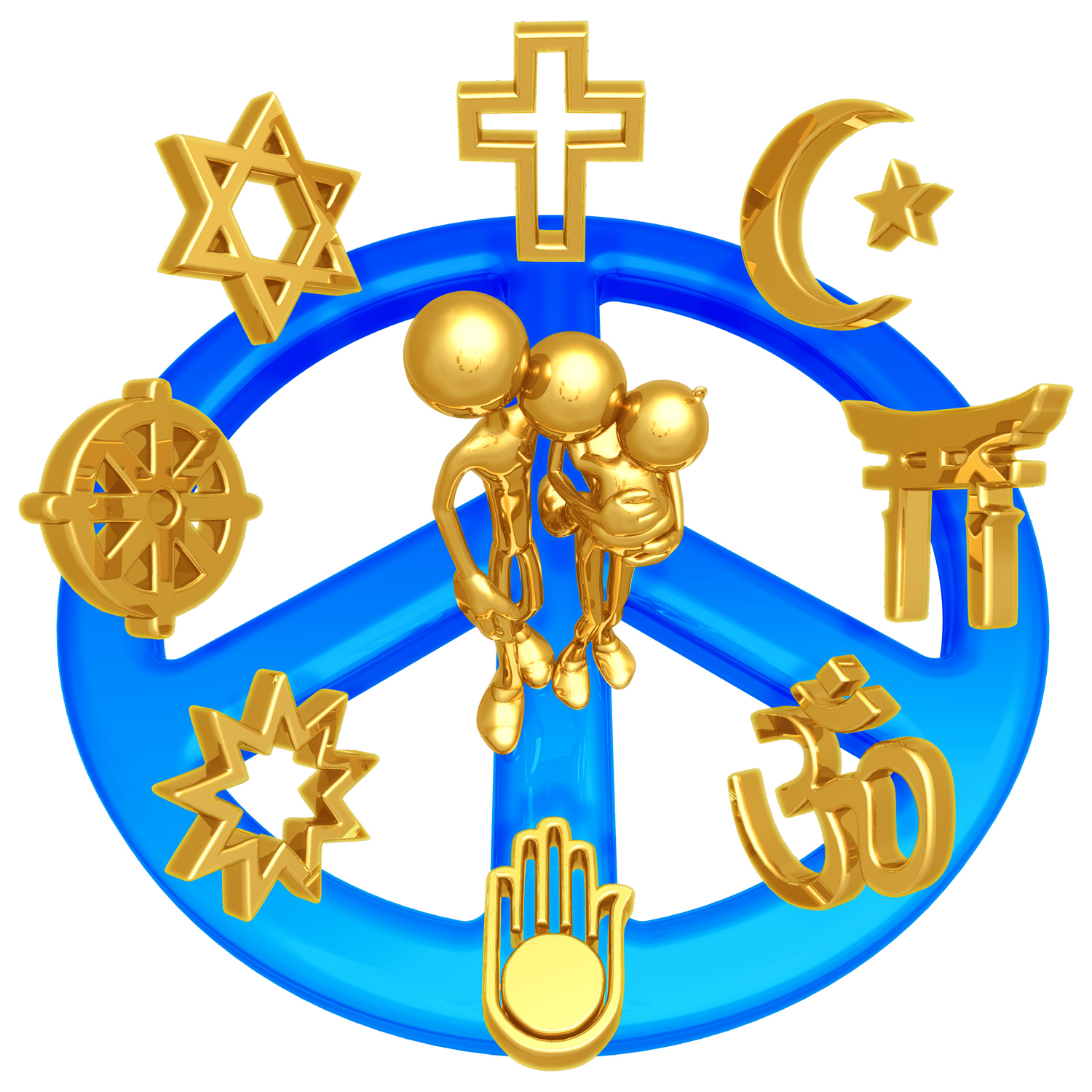 A clip art image showing the symbols representing most of the world's major religions.