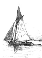 Illustration monochrome d'un petite embarcation avec une grand-voile et une voile avant, traînant une barque.